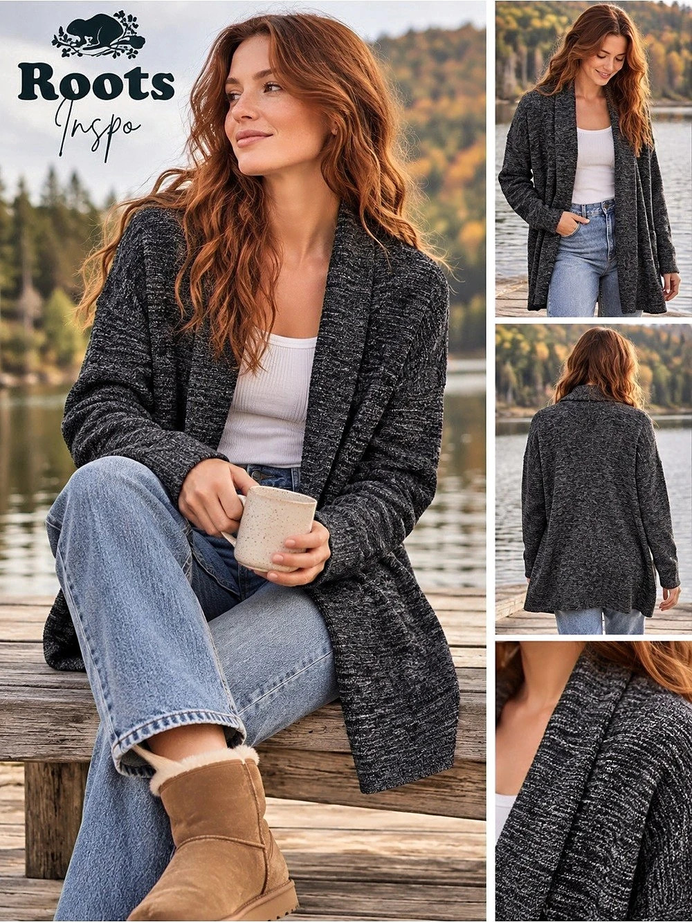 Roots 🍁| Charcoal Heather | S/P | Shawl Collar | Marled Open Front Cardigan